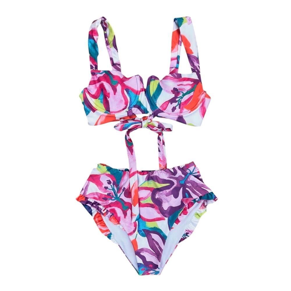 WATERCOLORS by Kenny Flowers Ruffle Bikini Floral Size M